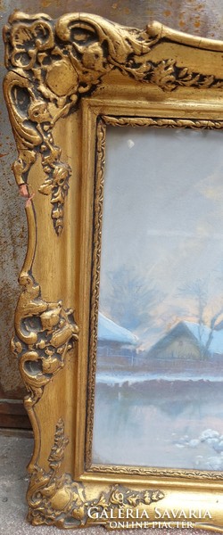 1939 Marked winter landscape, waterfront painting in blonde picture frame