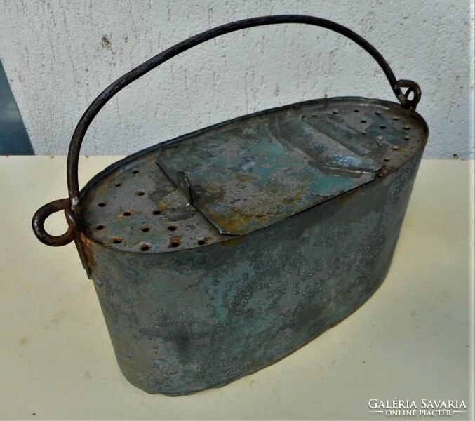 Antique tin bait container with tongs, fish holder for anglers