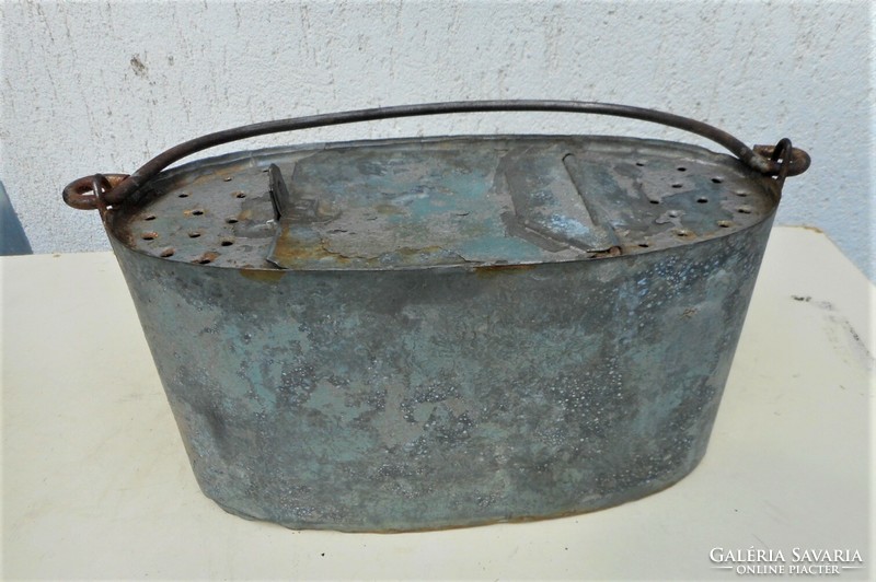 Antique tin bait container with tongs, fish holder for anglers