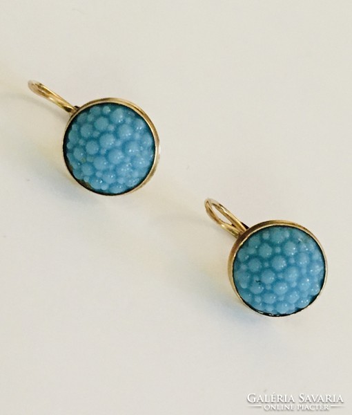 Antique small gold earrings turquoise glass blackberry