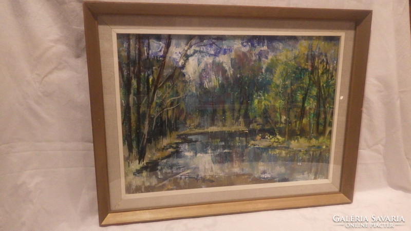 Painting with a river in the forest, oil on wood, marked