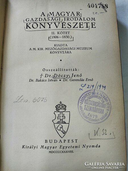 Dr. Dóczy Jenő: A magyar gazdasági irodalom könyvészete II. kötet (1806-1830)