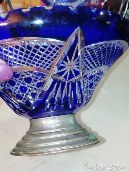 Antique silver pedestal crystal offering cobalt blue