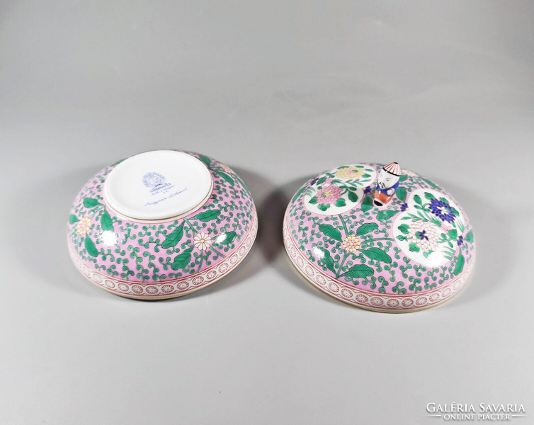 Herend masterpiece: enamel rose pattern porcelain bonbonier with mandarin tongs 12 cm. (I001)