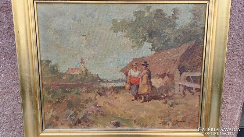 Cs.Farkas Lőrinc olaj-vászon falusi életkép festmény