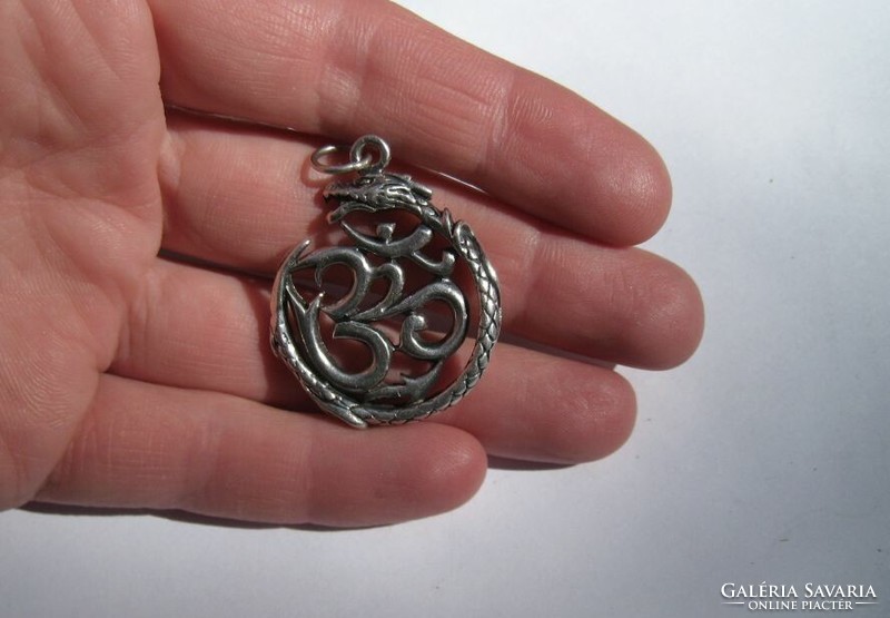 Ohm sign with dragon, silver pendant