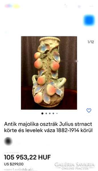 Antik majolika osztrák Julius Strnact jellegű  plasztikus gyümölcs díszítésű  váza 1882-1914 körül