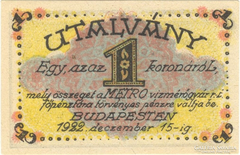 1 korona utalvány 1922 Metro Vízmérőgyár hajtatlan aUNC