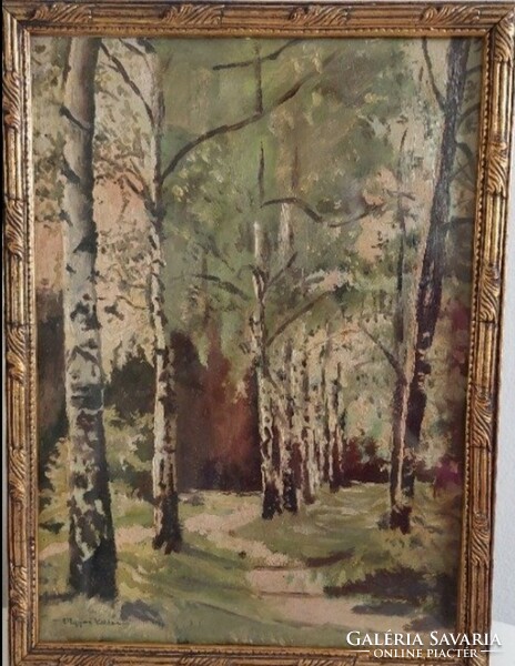 Signed by Viktor Olgyai, birch trees. Beautiful antique landscape oil painting.