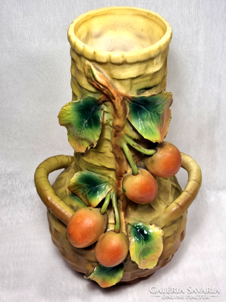 Antique majolica Austrian Julius strnact type plastic fruit decorated vase around 1882-1914