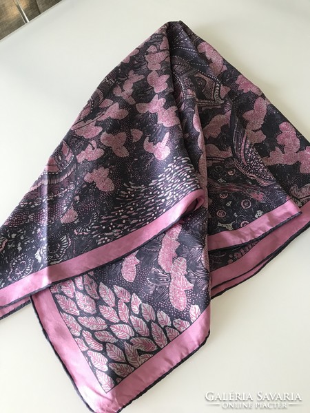 Silk scarf with flowers and butterflies on a dull mauve background, 86 x 85 cm