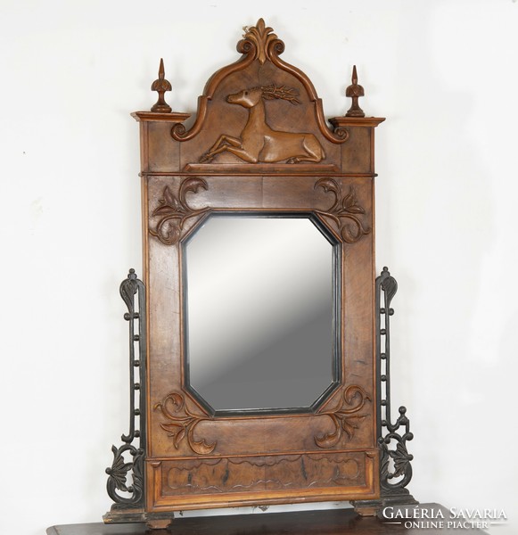 Antique wooden mirror - with plastic chamois figure