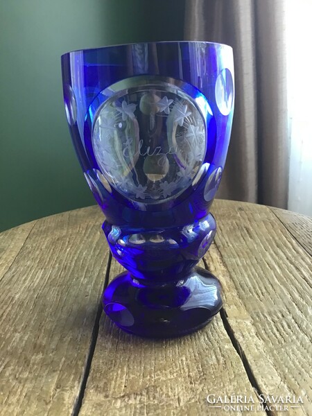 Old bieder polished cobalt blue commemorative glass
