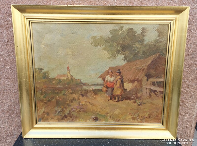 Cs. Lőrinc Farkas oil on canvas painting of village life