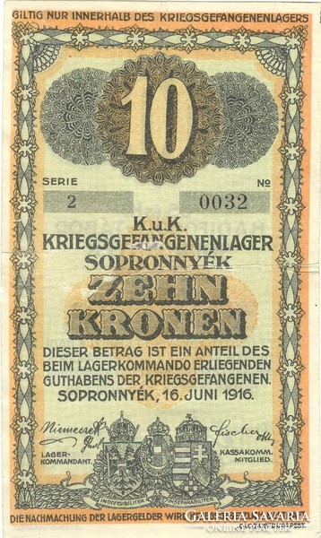 10 korona 1916 Sopronnyék Cs.és K. Hadifogoly-tábor