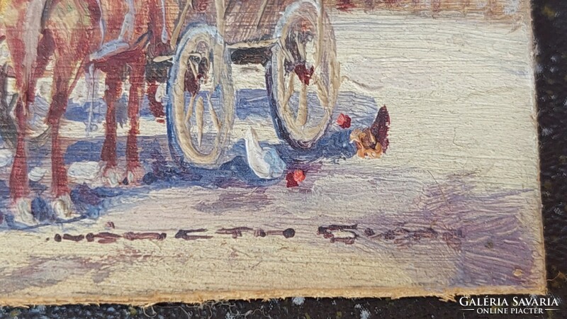 Németh György olaj-fa festmény tanyarészlet, életkép szekérrel, lovakkal