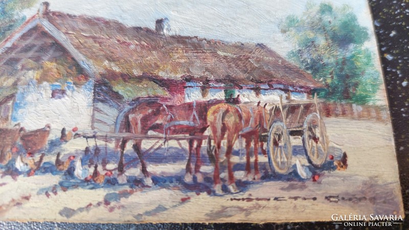 György Németh oil-and-wood painting farm detail, still life with cart and horses