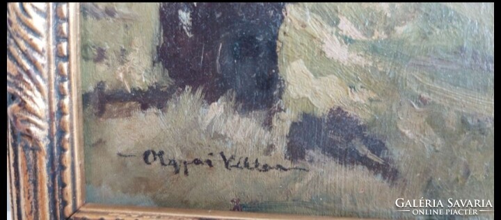 Olgyai Viktor aláírással , nyírfák. Szép antik tájkép olajfestmény.