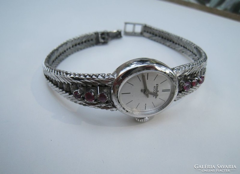 Silver wristwatch with ruby stones, retro piece