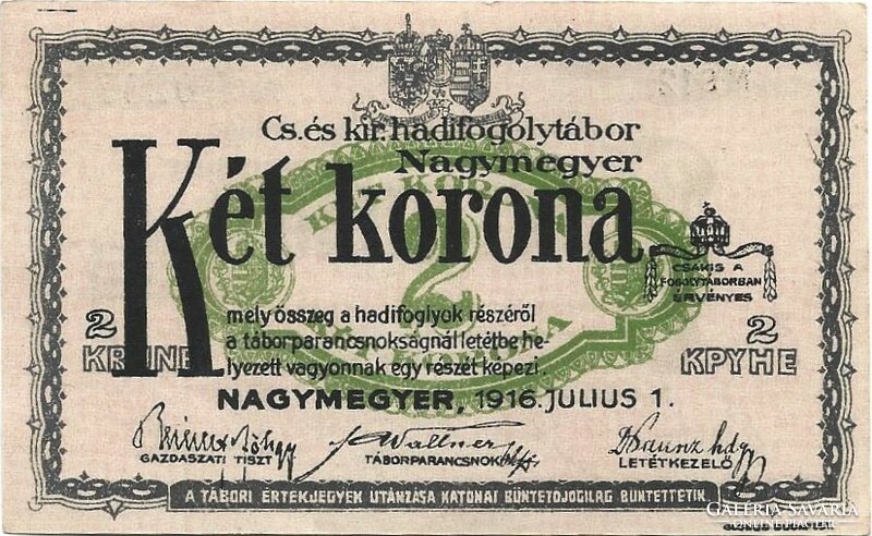 2 korona 1916 Nagymegyer Cs.és K. Hadifogolytábor hajtatlan aUNC