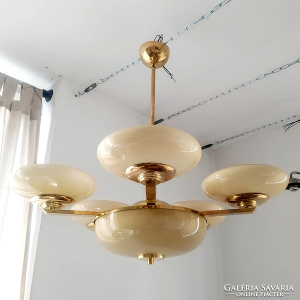 Art deco - streamlined 5-arm, 7-burner copper chandelier renovated - cream shades