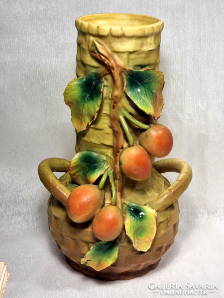 Antique majolica Austrian Julius strnact type plastic fruit decorated vase around 1882-1914