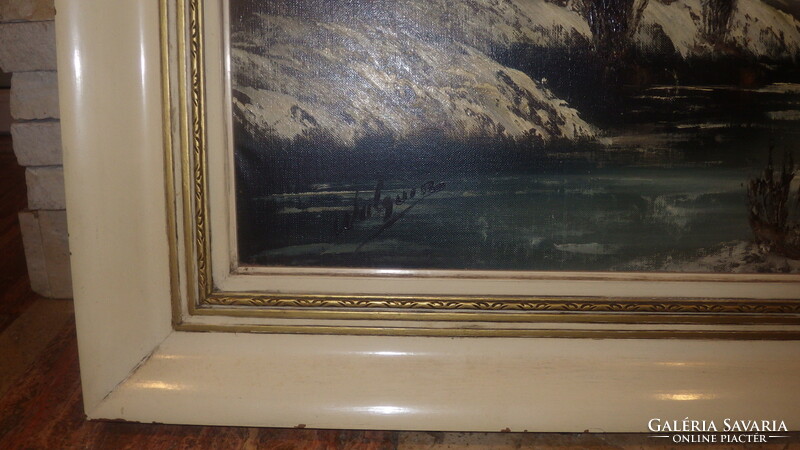 Téli vízparti tájkép festmény olaj-vászon 70x90 cm