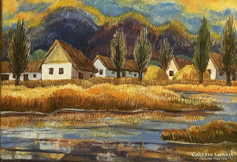 Gizella Lantosné Grubits (1943- ) village on the shore of the lake, 1985 (oil on cardboard) /invoice provided/