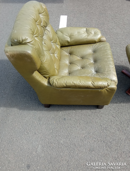 Extra olive green stitched Scandinavian leather armchair and footrest