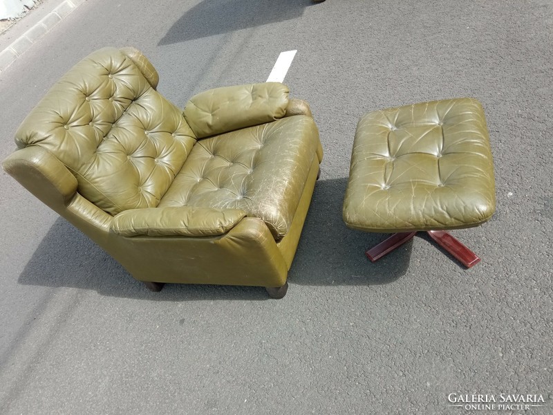 Extra olive green stitched Scandinavian leather armchair and footrest