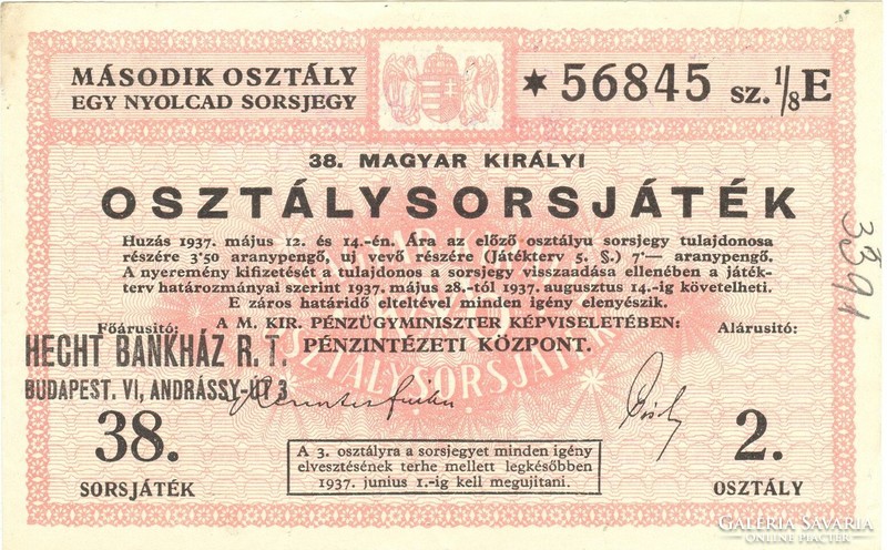 38. Hungarian royal class lottery ticket second class 1937 unfolded