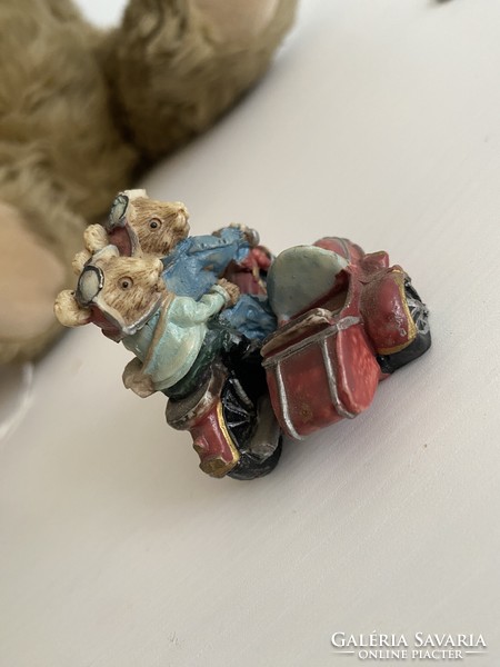 Motorized teddy bears, motorized bears, possibly mice, mouse, bear, sidecar vintage vehicle, winter decor