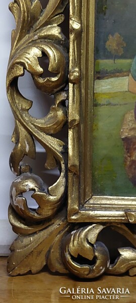 Oil-cardboard painting, carved, gilded, in a Florentine style frame, marked hk