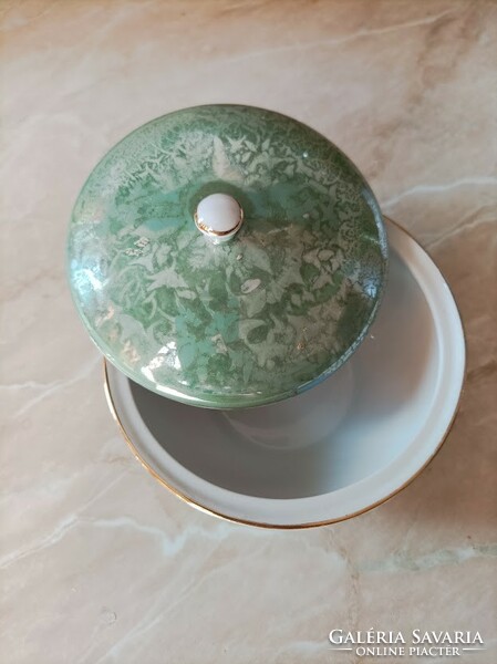 Hóllóháza porcelain sugar bowl with iridescent glaze.