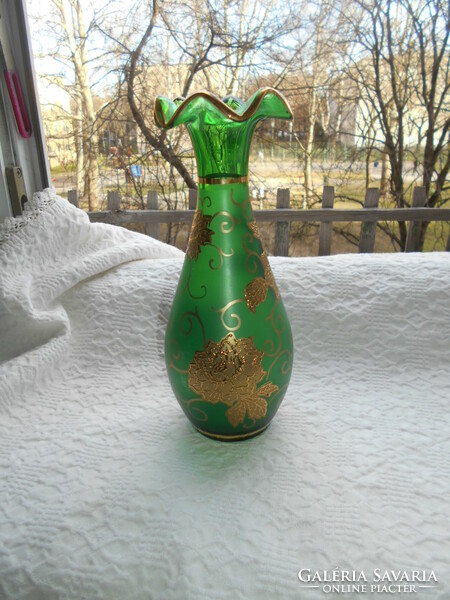 Antique Czech bohemian plastic with golden decoration, Czech glass vase 22 cm