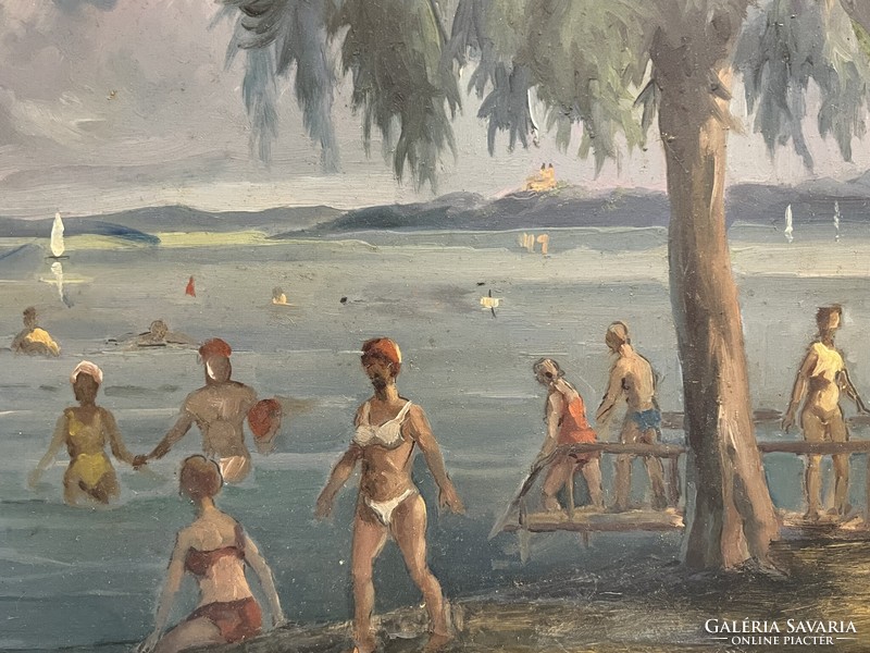 Unknown Hungarian painter: Balaton Bathers (oil on cardboard) /invoice provided/