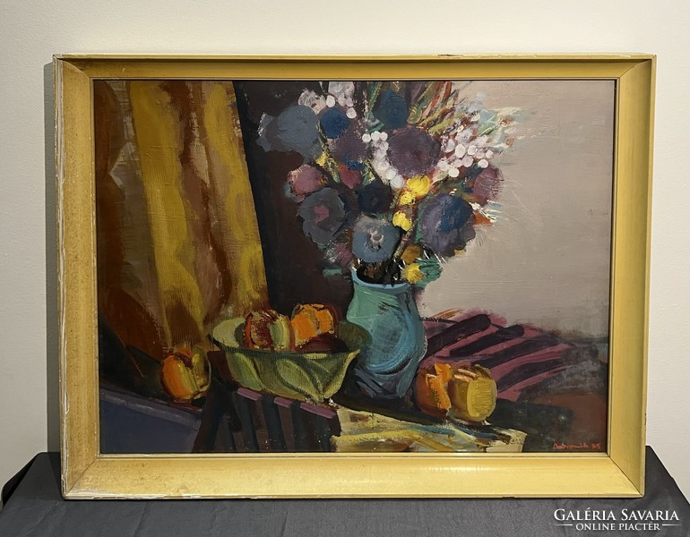 Dobrovits Ferenc (1941-1988) Asztali csendélet virágokkal és gyümölcsökkel, 1975 (Képcsarnokos kép)