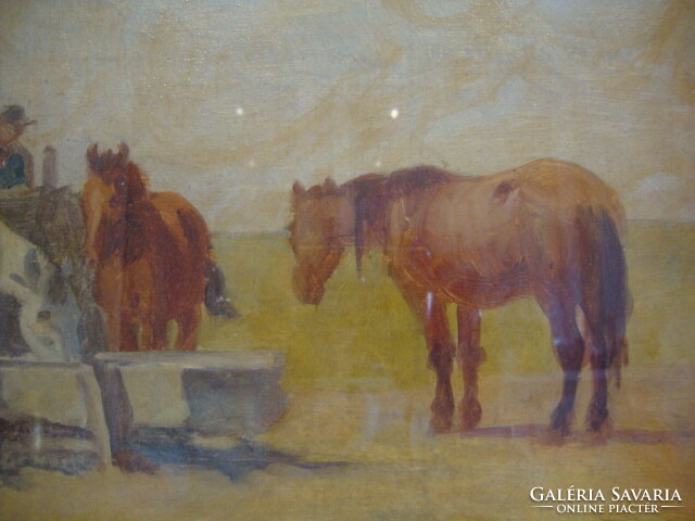 Mille olaj-vászon festmény Hortobágy , lovak
