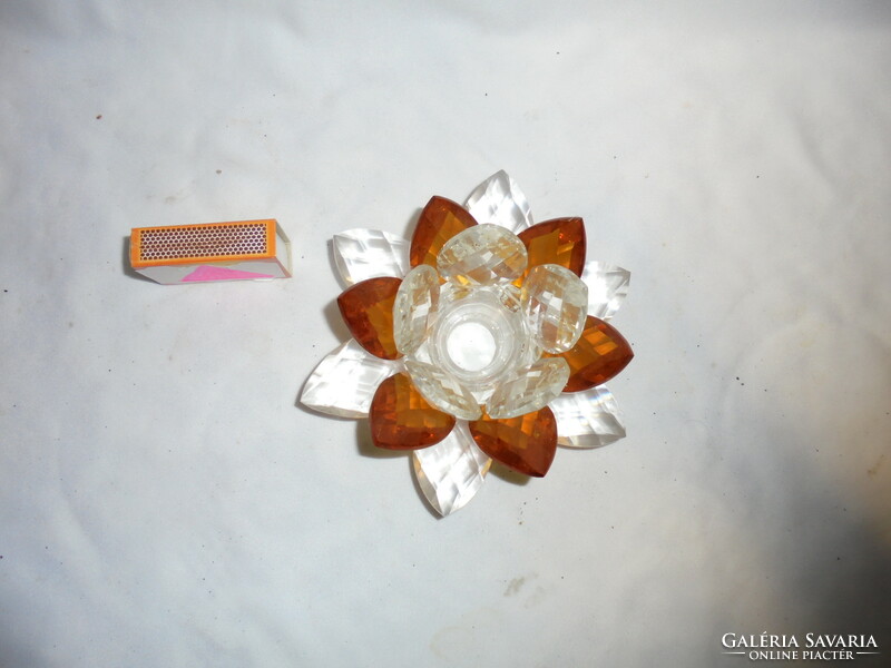 Old glass water lily candle holder, table decoration or letter weight - white, amber color