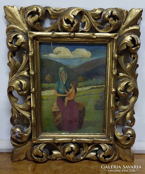 Oil-cardboard painting, carved, gilded, in a Florentine style frame, marked hk