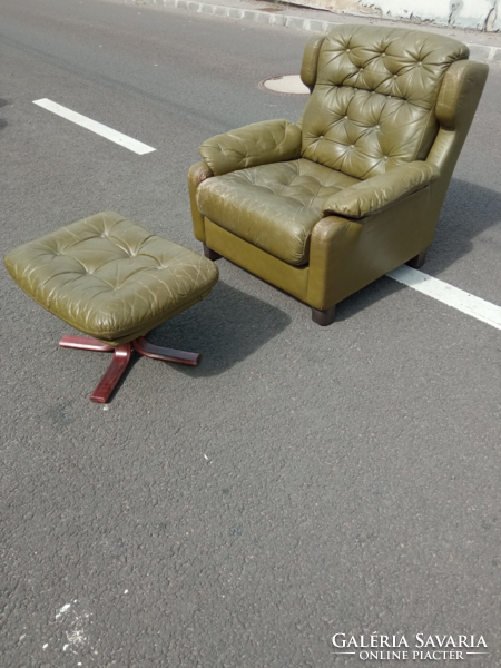 Extra olive green stitched Scandinavian leather armchair and footrest