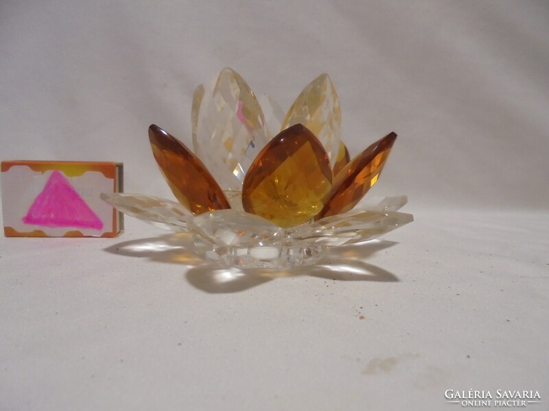 Old glass water lily candle holder, table decoration or letter weight - white, amber color