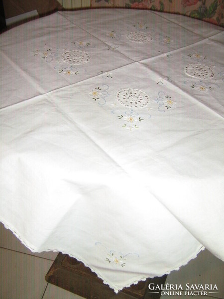 Beautiful snow white crochet embroidered linen tablecloth