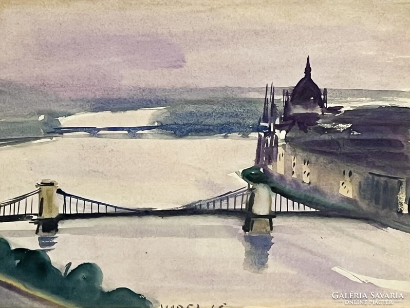 Ferenc Varga (1928-2019) skyline with the chain bridge and the parliament, 1966 /invoice provided/