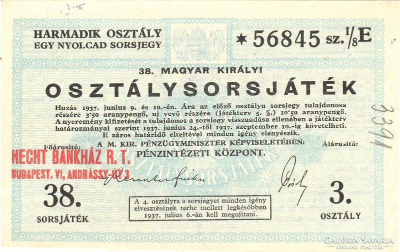 38. Hungarian royal class lottery third class ticket 1937 unfolded