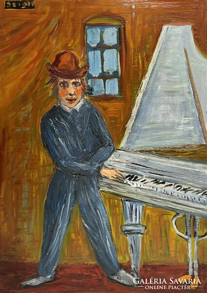 László Szigli (1946-2014) piano-playing clown (oil-fibreboard) /invoice provided/