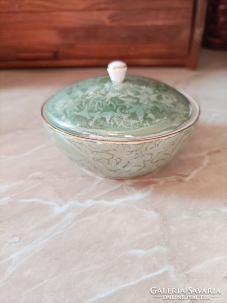 Hóllóháza porcelain sugar bowl with iridescent glaze.