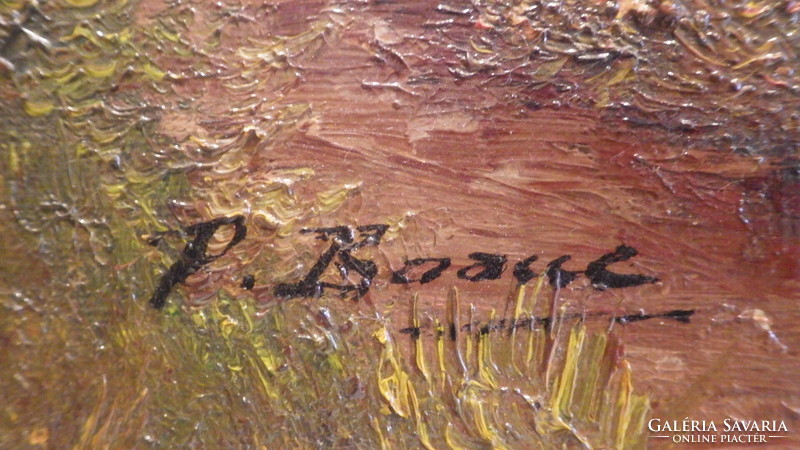 Jelzett olaj-vászon antik tájkép festmény blondel képkeretben