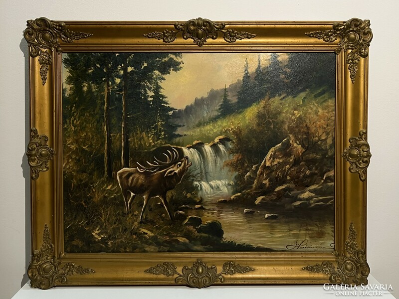 Sándor Hailinger (1921-1988) stag at the waterfall (oil on canvas) /invoice provided/