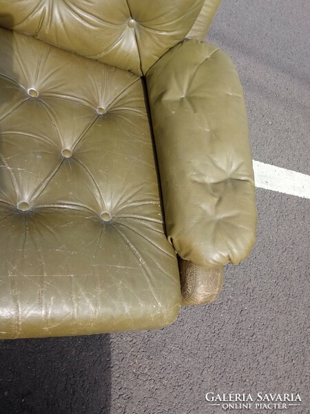 Extra olive green stitched Scandinavian leather armchair and footrest